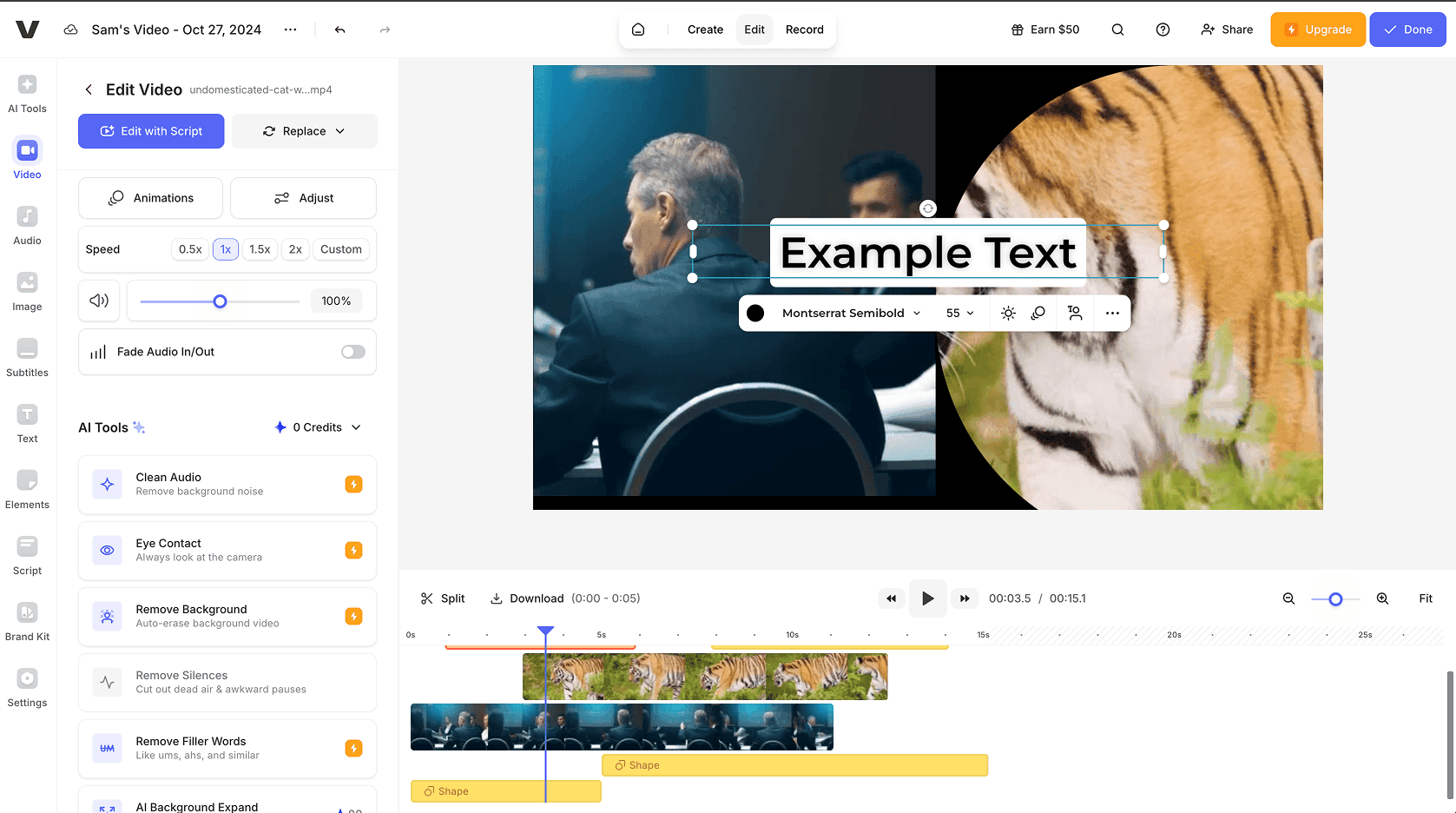 VEED editing and captions workspace